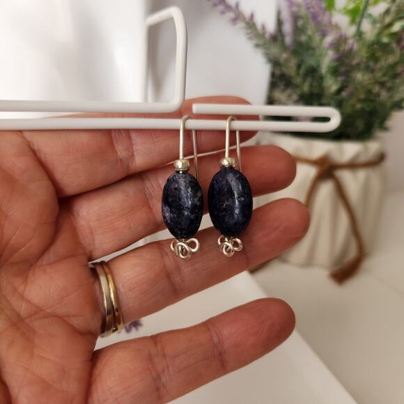 Blue Sodalite Stone Wire-Wrapped Dangle Earrings / Minimalist Gemstone Earrings - Picture 11 of 15